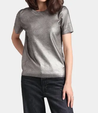 Minnie Rose Metallic Short Sleeve Crew Shirt In Silver