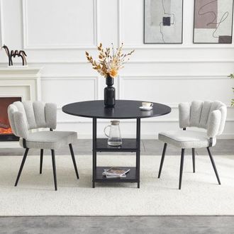 OEM Set Tavolo E Sedie: Tavolo Da Pranzo Rotondo Da 107 Cm Con Doppio Ripiano Contenitore + 2 Sedie Da Pranzo Grigio Chiaro Con Schienale Floreale In Tess