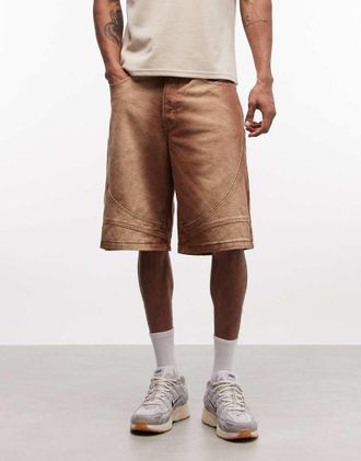 Liquor & Poker Jorts in denim marrone slavato con cuciture a vista