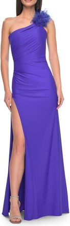 La Femme One Shoulder Jersey Gown with Feather Detail in Royal Blue at Nordstrom, Size 12