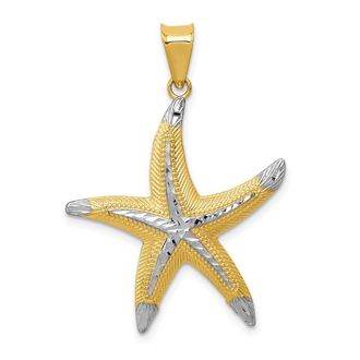 Diamond2Deal 14k Yellow Gold and Rhodium Diamond-cut Polished Starfish Pendant