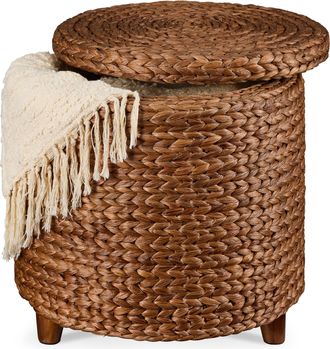 Best Choice Products 17 Round Storage Ottoman with Lid - Handwoven Water Hyacinth Modern Footstool