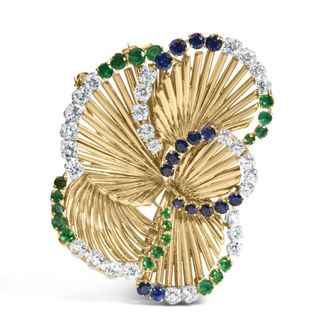 House of Brilliance 18K Yellow Gold 2 1/3 Cttw Diamond, Sapphire, and Emerald Sculpted Petal Brooch Pin