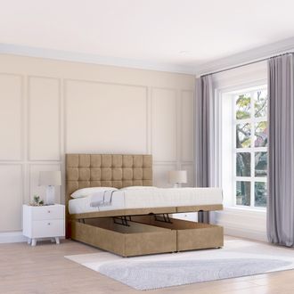 Sloomy Alabama Naples Fabric Ottoman Bed End Opening With Sprung Memory Mattress & 26 Inch strut Headboard in Light Brown | Size: Small Single