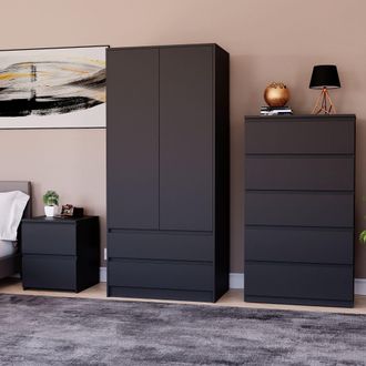 Home Discount Vida Designs Denver Bedroom Set (2 Dr Bedside, 5 Dr Chest, Wardrobe) in Black