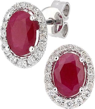 Jewelco London 9ct White Gold Diamond Oval 1.9ct Ruby Cluster Drop Earrings - DE1AXL603WRU
