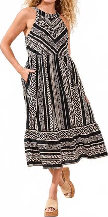 Tribal Linen Halter Neck Tiered Midi Dress In Black
