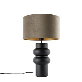 QAZQA Qazqa Dise&ntilde;o L&aacute;mpara De Mesa De Dise&ntilde;o Con Pantalla De Terciopelo Negro Topo Con Dorado 35 Cm - Alisia Cer&aacute;mica /terciopelo Redonda Adecuado Para Led 