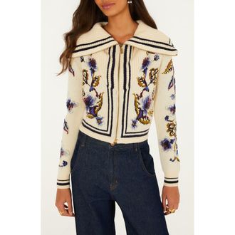 Farm Rio Golden Nature Front Zip Cardigan in Golden Nature Off-Wh at Nordstrom, Size Xx-Small