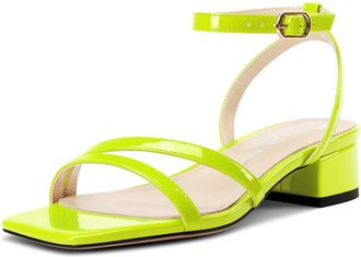 Castamere Womens Low Chunky Block Heel Square Toe Ankle Strap Sandals Dress Wedding Party Shoes 3.5 CM Heels Yellow Green 3.5 UK