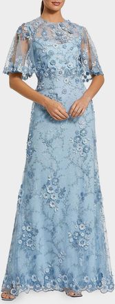 Mac Duggal Embellished Lace Flutter-Sleeve Gown