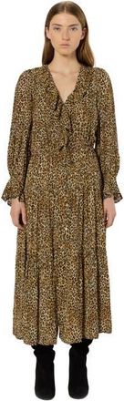 Gerard Darel Lyza Ruffled V-Neck Midi Dress in Brown at Nordstrom, Size X-Large