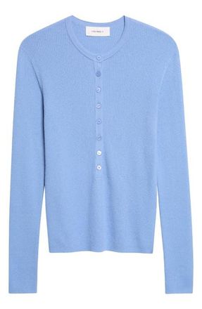 Lisa Yang Airi Cotton & Cashmere Ribbed Henley in Soft Sky at Nordstrom, Size 2