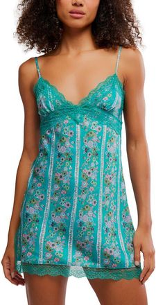 Free People Wish You Were Here Lace Trim Mini Slipdress in Seagreen Combo at Nordstrom, Size X-Small