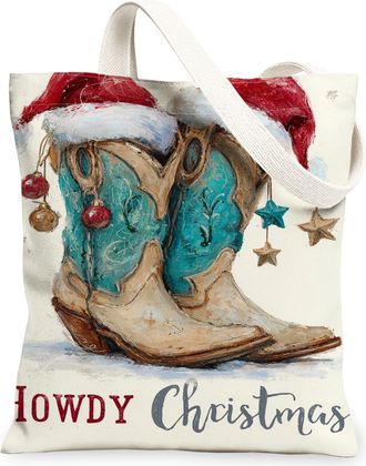 Generic Christmas Boots Canvas Tote Bags, Rustic Western Design Lightweight Washable Shoulder Bags for Holiday Shopping, Outdoor Tr, Beige, 13x15 Inch
