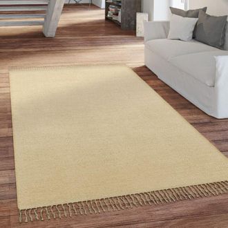 Paco Home Paco Home - Alfombra Sal&oacute;n Pelo Corto Con Flecos Hecha A Mano Motivo Monocolor 160x220 Cm, Crema