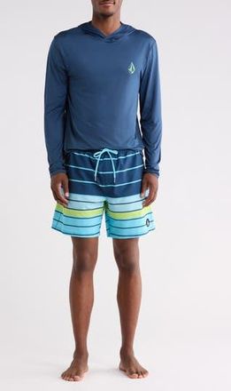 Volcom Hooded Rashguard & Swim Trunks Two-Piece Swimsuit in Deep Blue at Nordstrom Rack, Size Xx-Large
