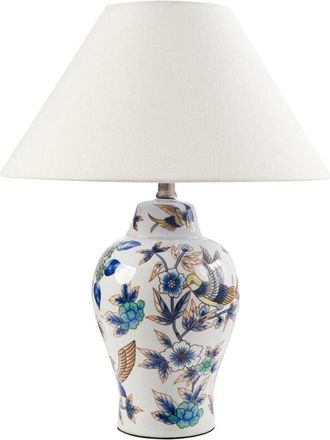 Beliani Beliani - Stylish Table Lamp with a Floral Patten Porcelain Base Linen Bell Shade Lighting White and Blue Moraca