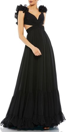 Mac Duggal Sleeveless Ruffle Tiered Cut-Out Chiffon Gown in Black at Nordstrom, Size 0
