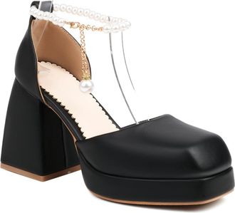 Generic Womens Square Toe PU Leather Bridal Shoes Pearl Ankle Strap Wedding Pumps Chunky Block Heel Party Prom Shoes,Black,6.5 UK
