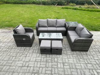 Fimous 8 Seater High Back Rattan Garden Furniture Set with Loveseat Sofa Rectangular Coffee Table Side Table Indoor Outdoor Patio Lounge Sofa Set
