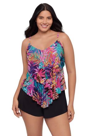 Trimshaper Ronnie 2 Tier Ruffle Plus Size Tankini Swimsuit Top in Caribbean Palms at Nordstrom, Size 18