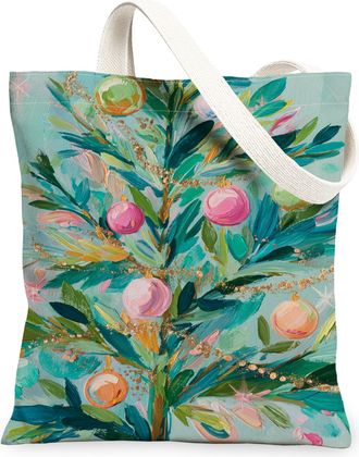 Generic Xmas Tree Canvas Tote Bags, Artistic Holiday Design Reusable Grocery Bags, Vintage Lightweight Washable Shoulder Strap, Green, 13x15 Inch