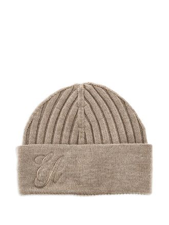 Emporio Armani embroidered ribbed beanie hat - women - Wool - S - Neutrals