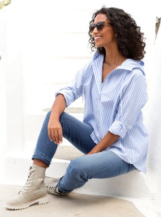 Heine Langarmbluse HEINE, Damen, Gr. 34, blau (himmelblau, ecru, gestreift), 50% Baumwolle, 50% Polyester, gemustert, mehrfarbig, Blusen Langarmbluse