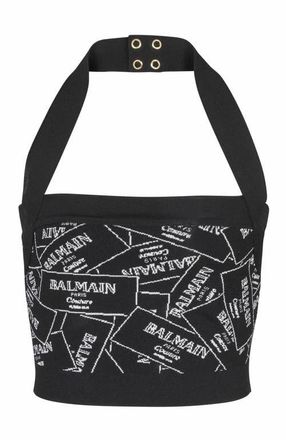 Balmain Knit Halterneck Top With Balmain Label Motif in Black at Nordstrom, Size 36
