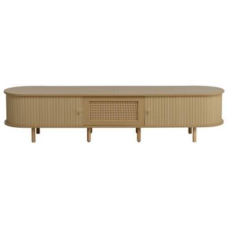 Urban Meuble Mueble tv ovalado madera clara, caj&oacute;n central rat&aacute;n y 2 puertas