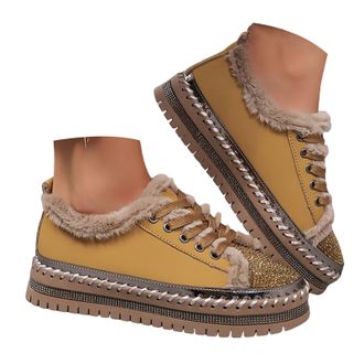 Generic Rhinestone Sneakers for Women Plush Lined Warm Platform Walking Shoes Casual Round Toe Non Slip Lace up Fuzzy Sneakers Wedding Bridal Party Sparkly Gl