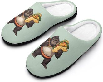 Generic Funny Gorillas Carrying Ta-co Mexican Food Mens Slippers Slip On Comfortable Fleece Cotton House Shoes Winter