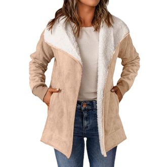 Generic Winter Coats for Ladies Long Sleeved Lambswool Warm Comfortable Fleece Lined Outerwear Lightweight Full Zip Fleece Jacket Women(Khaki, L)