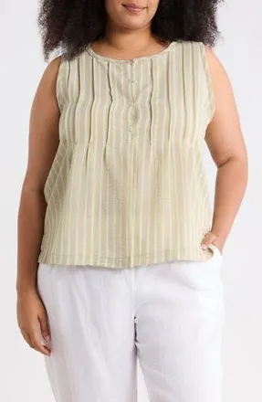 Max Studio Stripe Pintucked Sleeveless Top in Sage/White Stripe at Nordstrom Rack, Size 1X