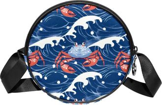 Generic Circle Crossbody Bag for Women, Crab Blue Wave Small Sling Bag Daypack with Zipper Adjustable Shoulder Straps Casual Ladies Girls Round Purse