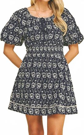 Pinch Design Floral Embroidered Dress In Navy