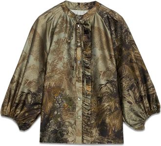 Oltre Gepatroneerde satijnen blouse met ruches - Dames - Blouses - Groen - S - Satijn - Overhemden