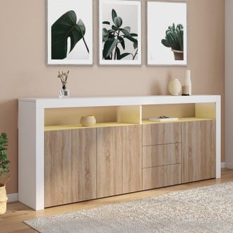 IDMarket 180 Cm Elight Xxl Aparador De 3 Puertas Y 3 Cajones Con Luz Led Y Nichos De Madera En Blanco Y Efecto Haya
