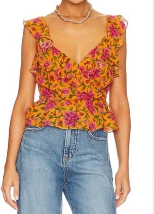 Veronica Beard Randa Ruffle Floral Silk Top In Yellow Floral