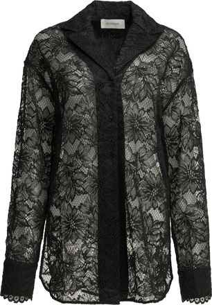 Sportmax Black Floral Lace Oversized Shirt with Notched Collar and Poplin Accents