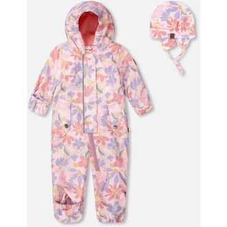 Deux par Deux Baby Mid-Season One-Piece Flower Print Outerwear with Hat in Pink Flower Print at Nordstrom, Size 18M