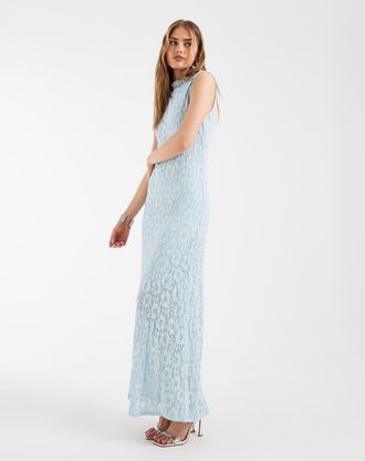 Object Vestito lungo senza maniche accollato in pizzo blu tenue a fiori