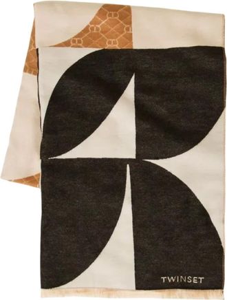 Twinset Accessoires, Dames, Veelkleurig, ONE Size, Wol, Geometrische Jacquard Stola met Franjes