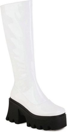 Generic Womens Elastic Fit Platform Knee-High Boots with Square Toe, Chunky Block Heel,White,5.5 UK