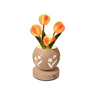 OEM L&aacute;mpara De Noche Artificial Con Forma De Tulip&aacute;n Y Jarr&oacute;n Calado, Carga Usb, 3 Colores, Regulable, Bonita L&aacute;mpara De Mesa