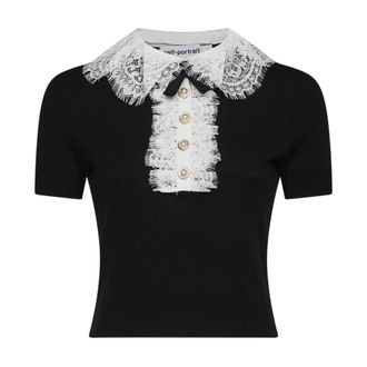 Self Portrait Polo Shirts, female, Black, Size: XS Lace-Collar Knit Top