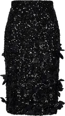 N&deg;21 Midi Skirts, female, Black, Size: L Black Sequin Floral Appliqu&eacute; Skirt
