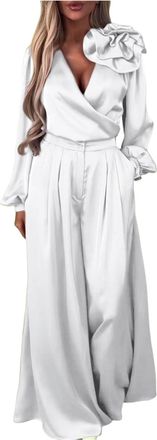 Generic Womens Elegant Satin Two Piece Suit Deep V Neck Long Sleeve Top and Wide Leg Dressy Pants Overall with Pockets Solid Color Formal Jumpsuit Outfits Set