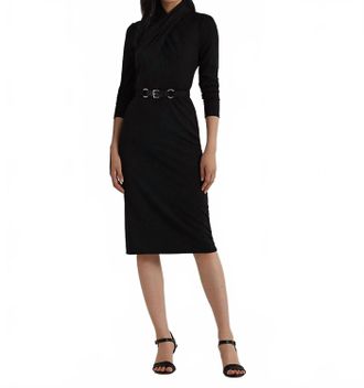 Ralph Lauren Belted Mockneck Jersey Midi Dress In Black